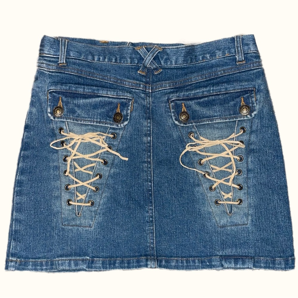 Vintage Denim Jean Mini Skirt with Flap Back Pockets that Lace Up into V Shape!